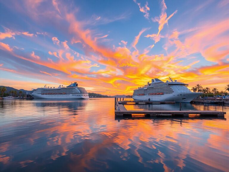 A vibrant harbor at sunrise with cruise ships docked, calm water reflecting colorful skies and nearby palm trees