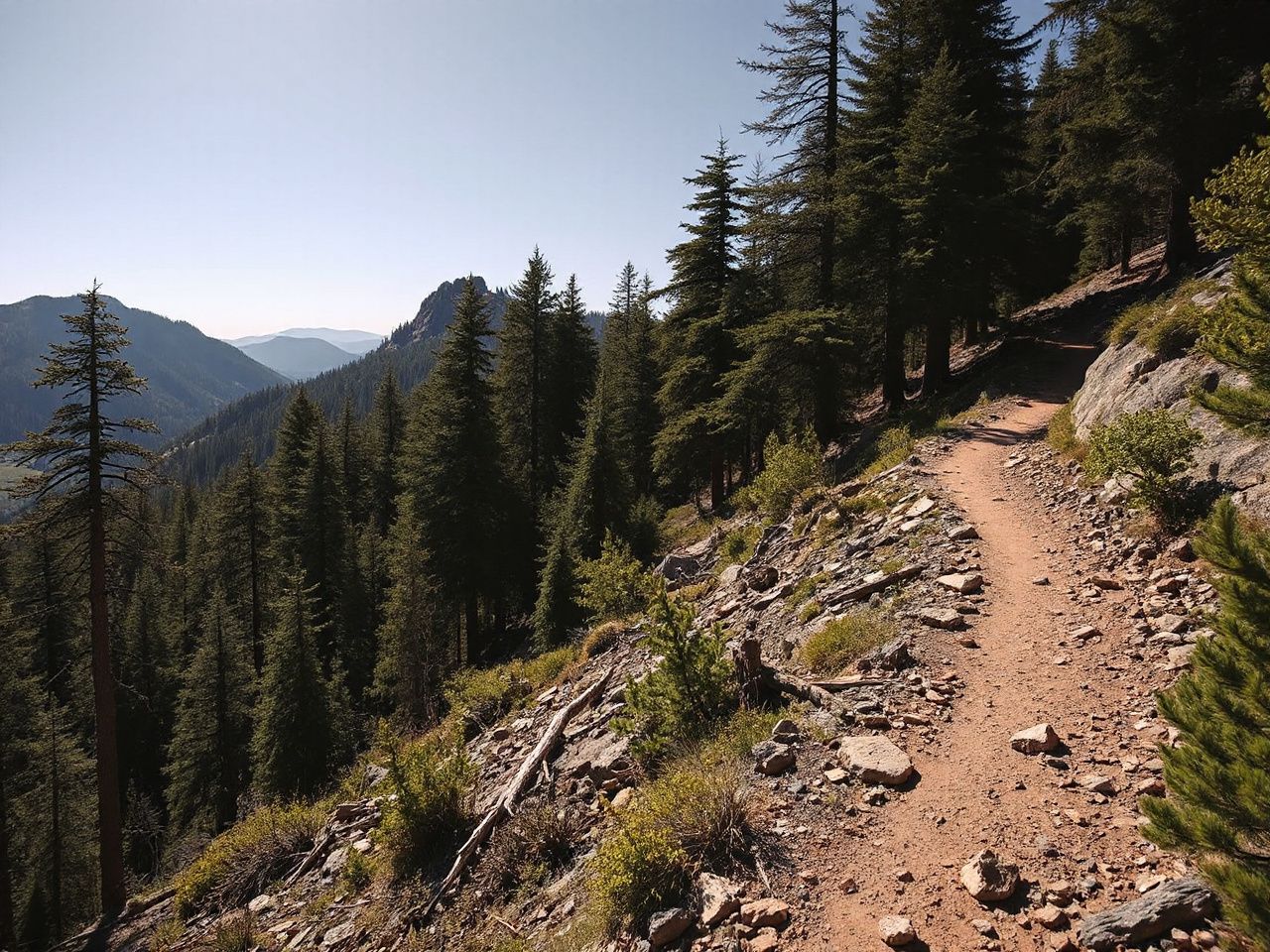 A rugged mountain trail winding through dense forest under bright daylight, inviting adventurers to explore remote landscapes