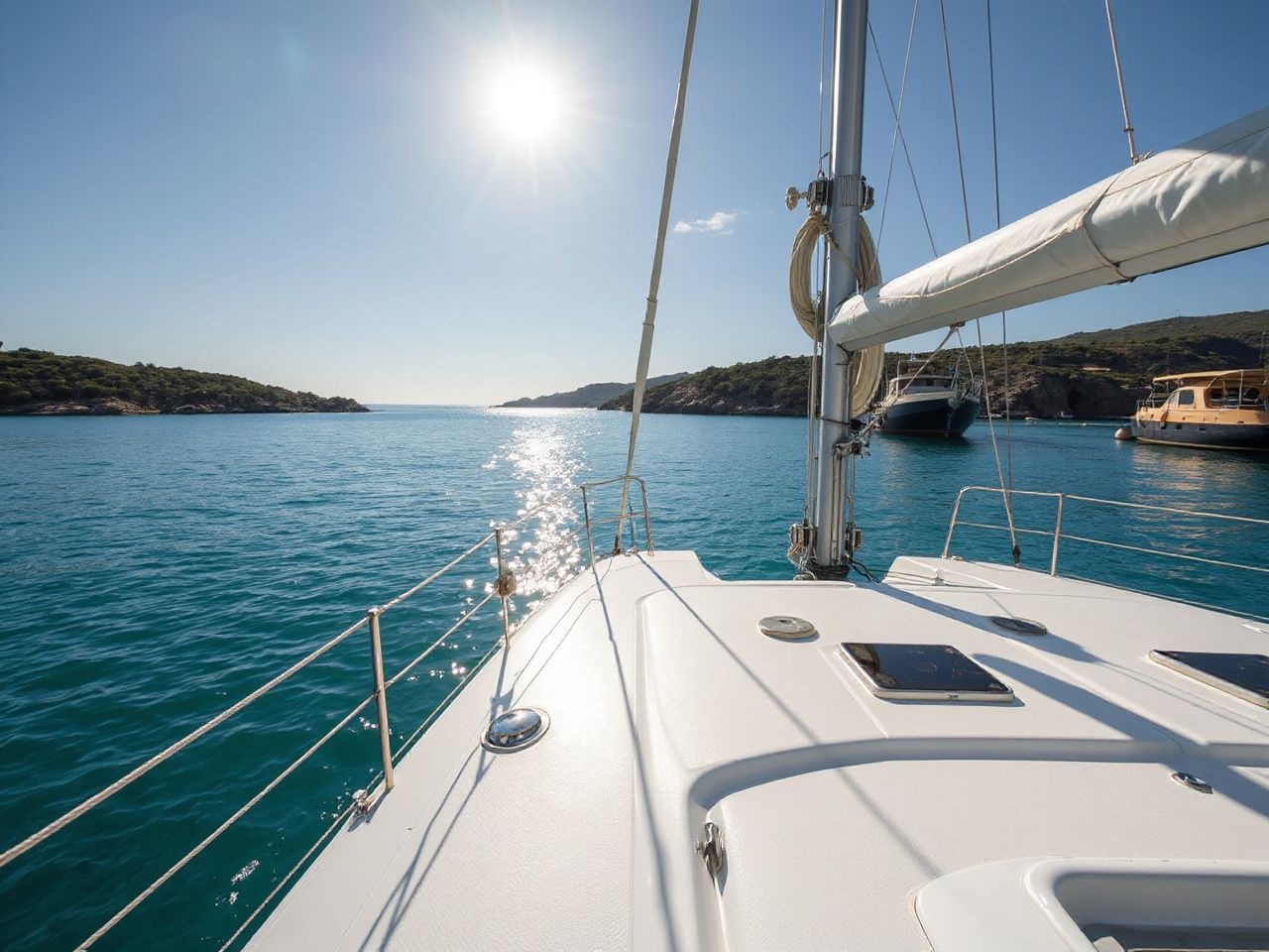 Sunlit deck of a catamaran anchored in a quiet Mediterranean bay, with calm turquoise waters surrounding it