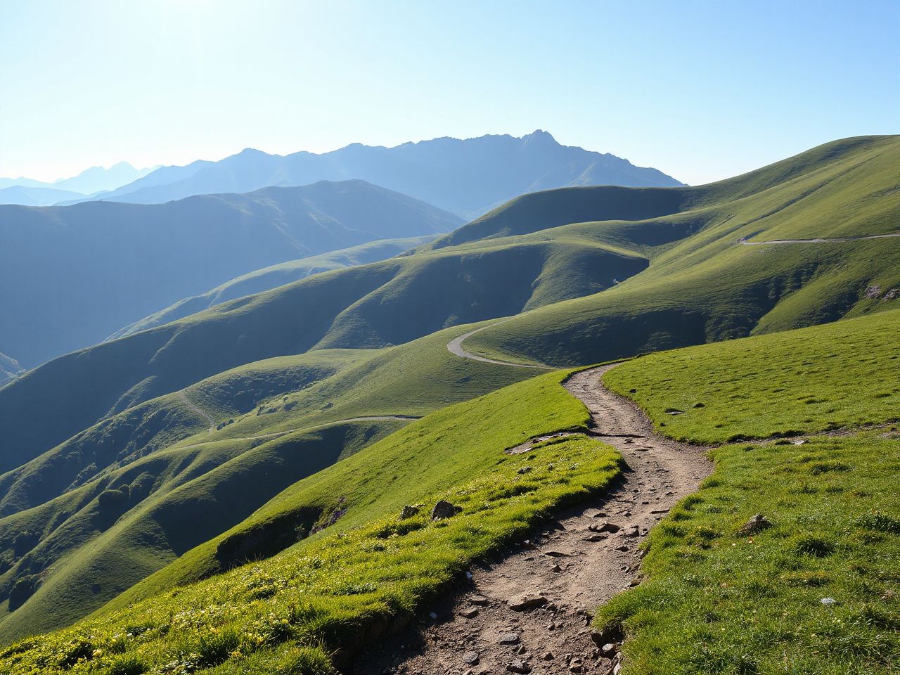 A sunlit mountain trail winding through lush green hills under a clear blue sky
