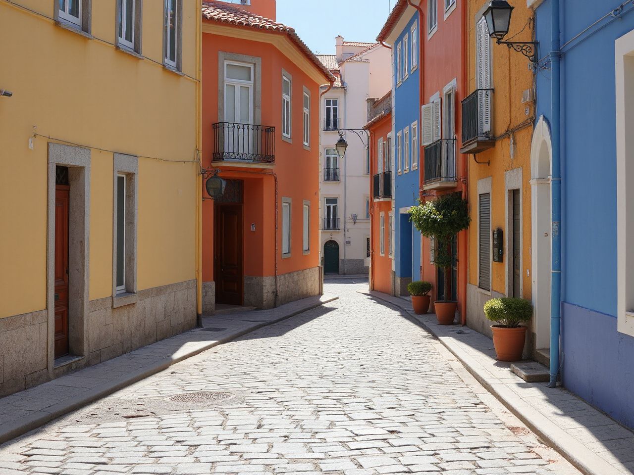A quiet cobblestone street in a coastal Portuguese town with colorful buildings and bright daylight
