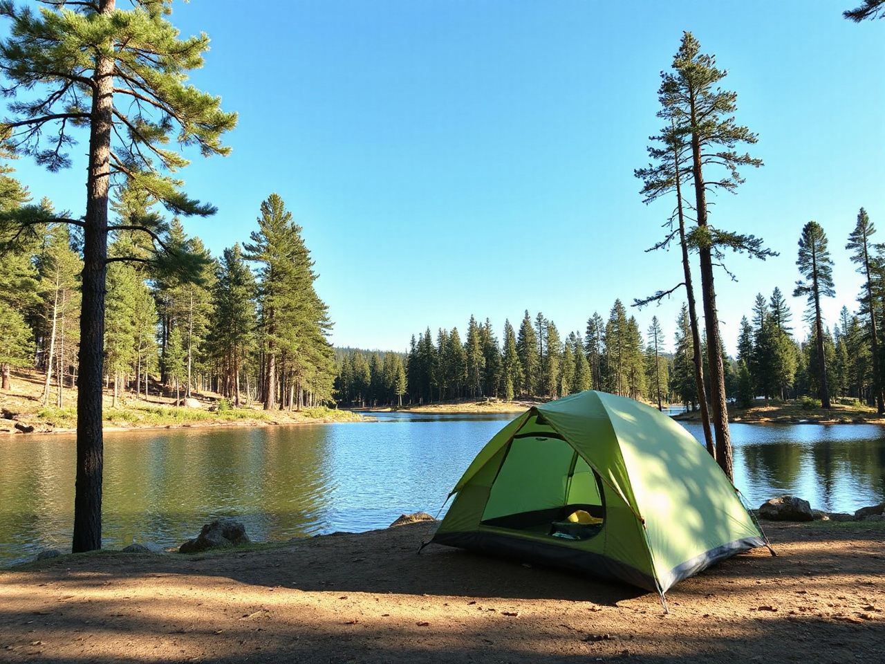A compact tent pitched beside a serene forest lake under a clear blue sky, surrounded by tall pine trees