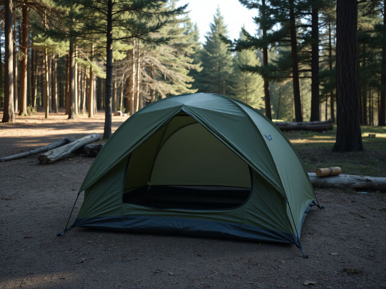 A simple campsite with a basic tent pitched near a quiet forest clearing under bright daylight