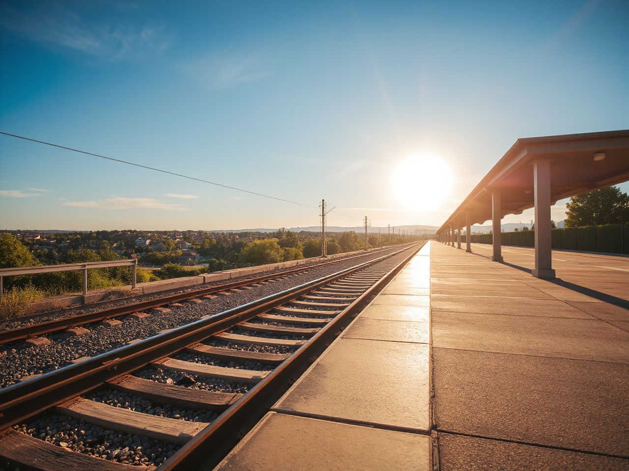 Sunlit train platform with tracks stretching toward a distant town under a clear blue sky