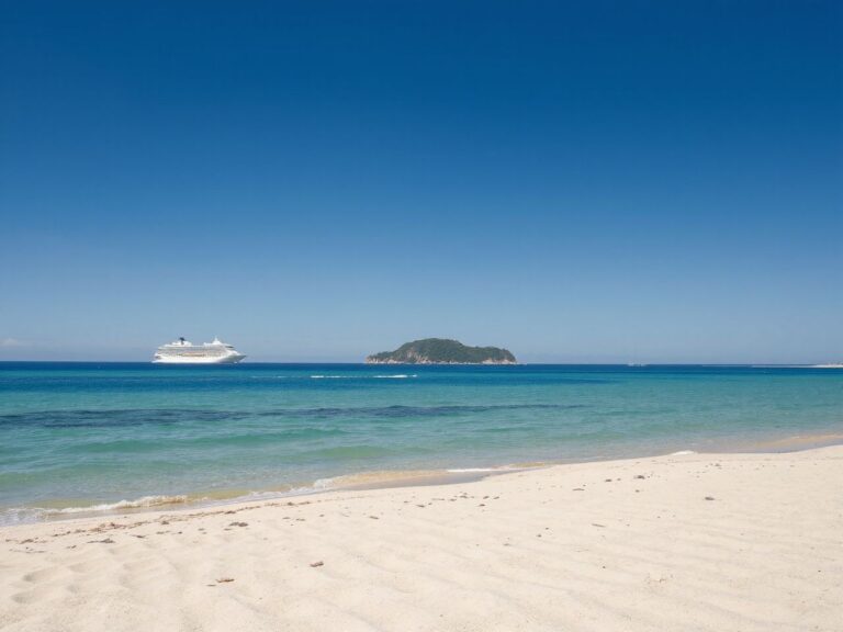 A calm blue sea with a small green island and a white cruise ship on the horizon, empty sandy shore in the foreground