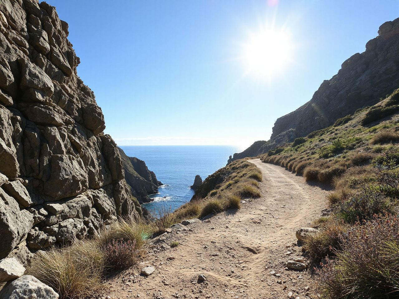 A peaceful coastal trail winding along rugged cliffs under a bright blue sky, inviting exploration