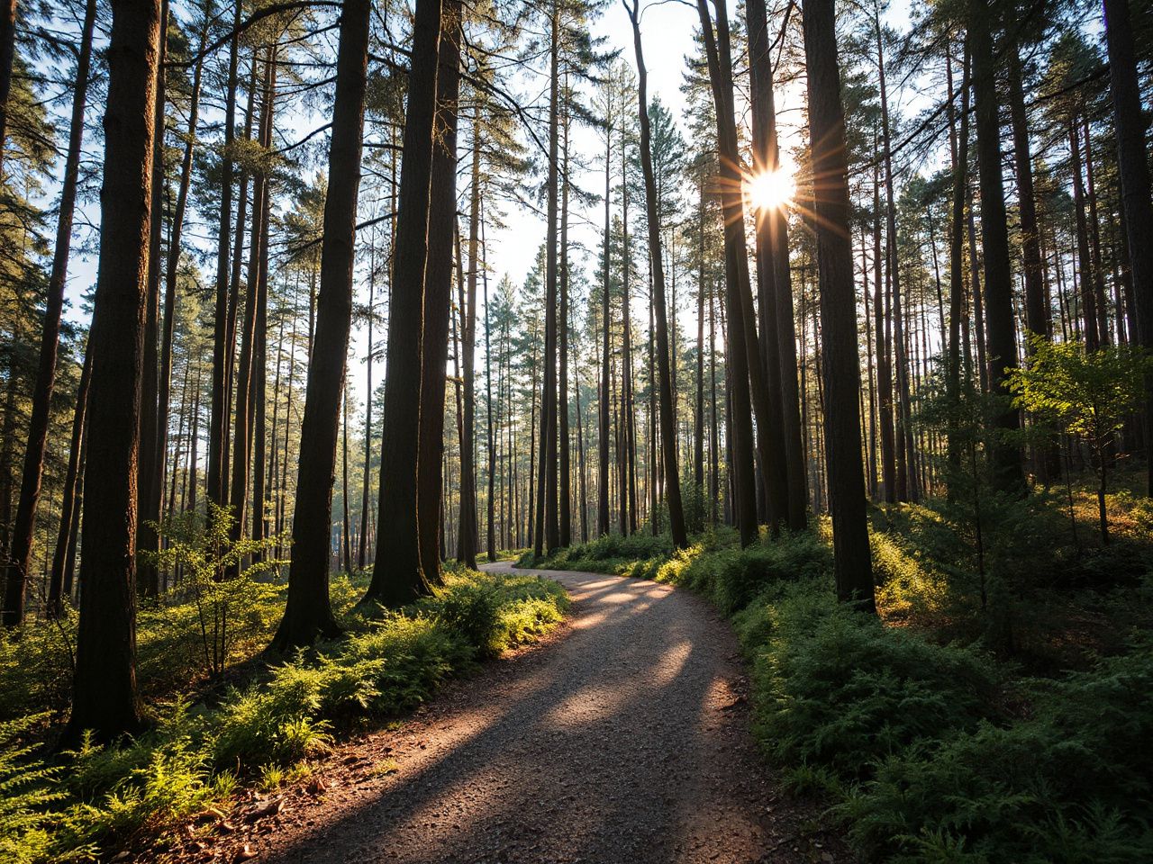 A sunlit forest trail winding through tall trees, highlighting the importance of layering and breathable clothing