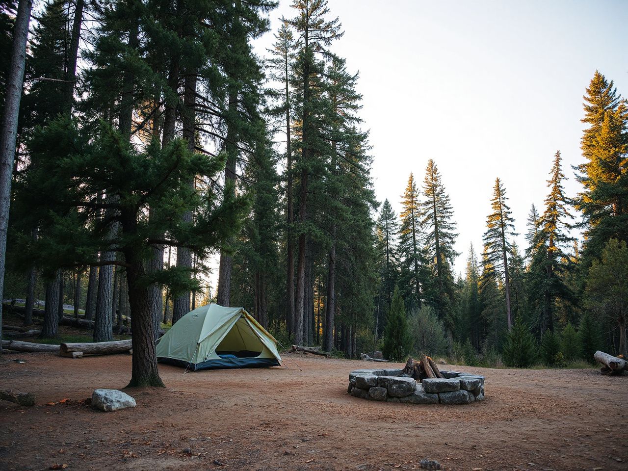 A secluded campsite nestled among towering trees with a small tent and a campfire ring under clear skies