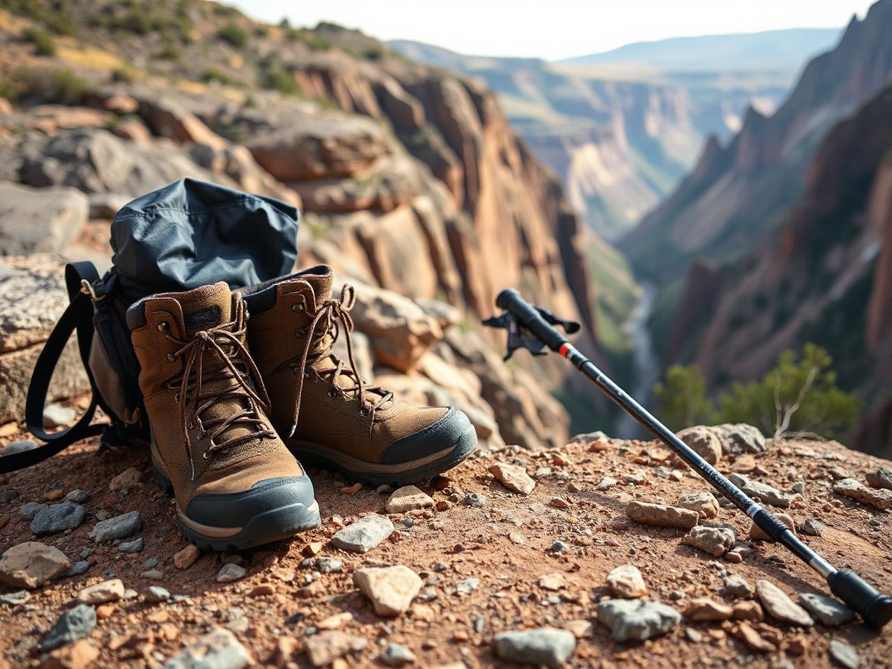 Hiking boots, a backpack, and trekking poles resting on a rocky trail overlooking a steep canyon descent
