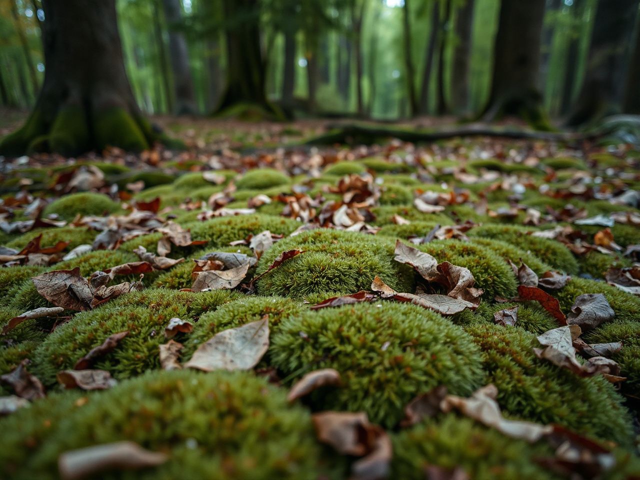 A close-up of a dense forest floor covered in thick moss and fallen leaves under soft daylight