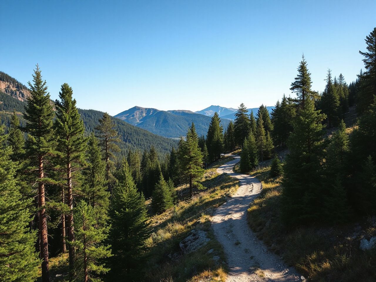 A winding mountain trail cutting through dense pine forest under a bright blue sky