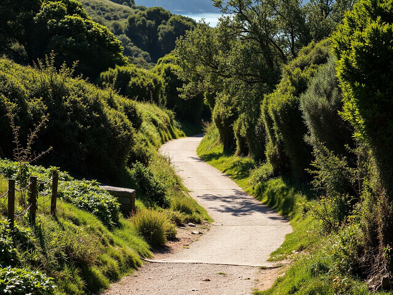 A sunlit coastal trail winding gently through lush greenery, inviting couples to stroll at their own pace