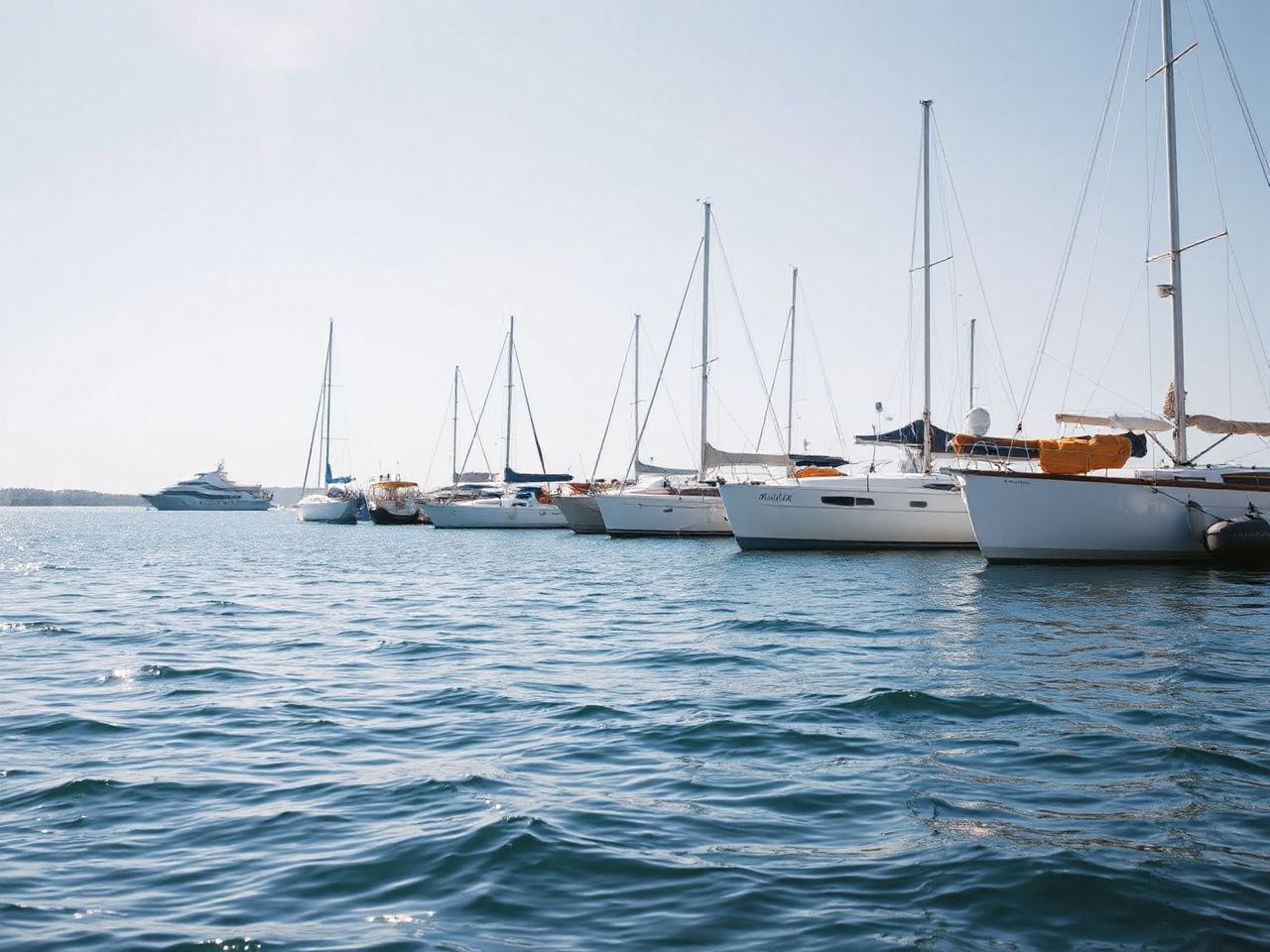 A serene harbor under clear skies, with gentle waves reflecting the calm atmosphere of ideal cruise months