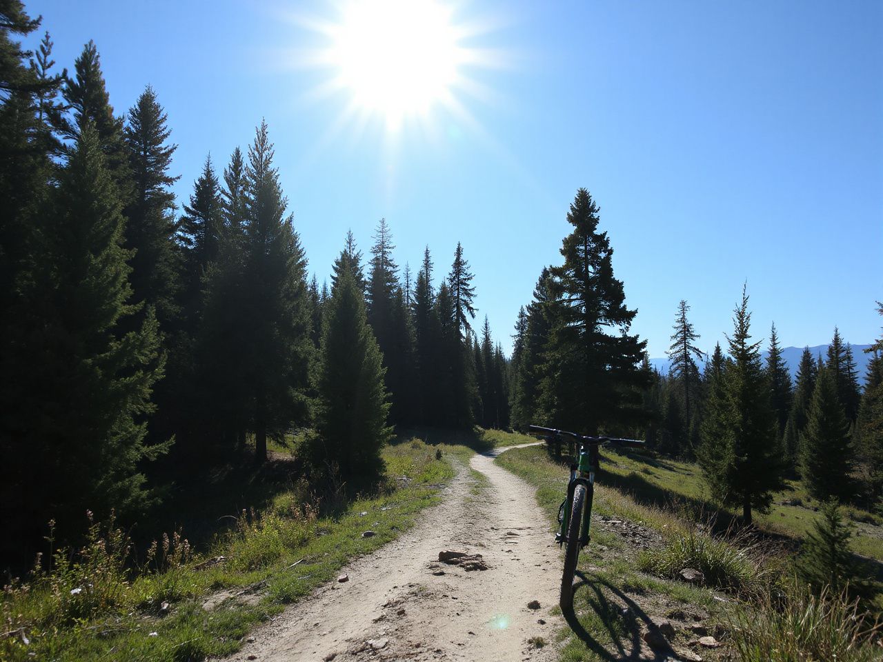 Sunlit mountain bike trail winding through dense pine forest under a clear blue sky