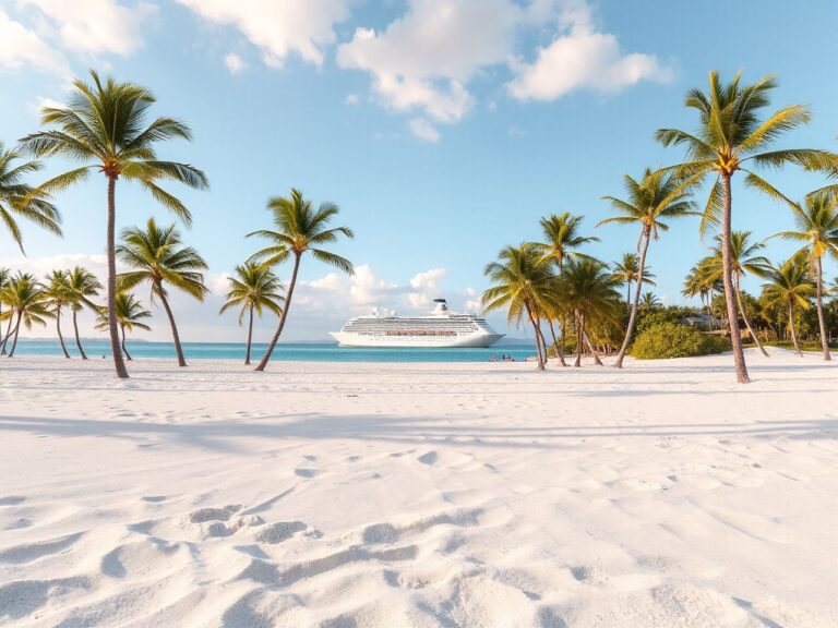 An empty sunny beach with palm trees and turquoise water, with a white cruise ship tiny on the horizon
