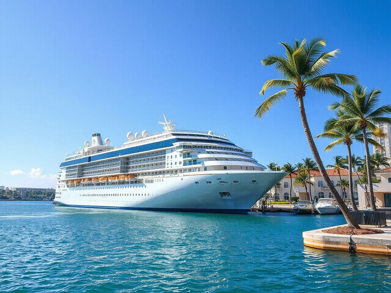 A bright cruise ship docked at Miami’s bustling harbor under a clear blue sky, palm trees nearby