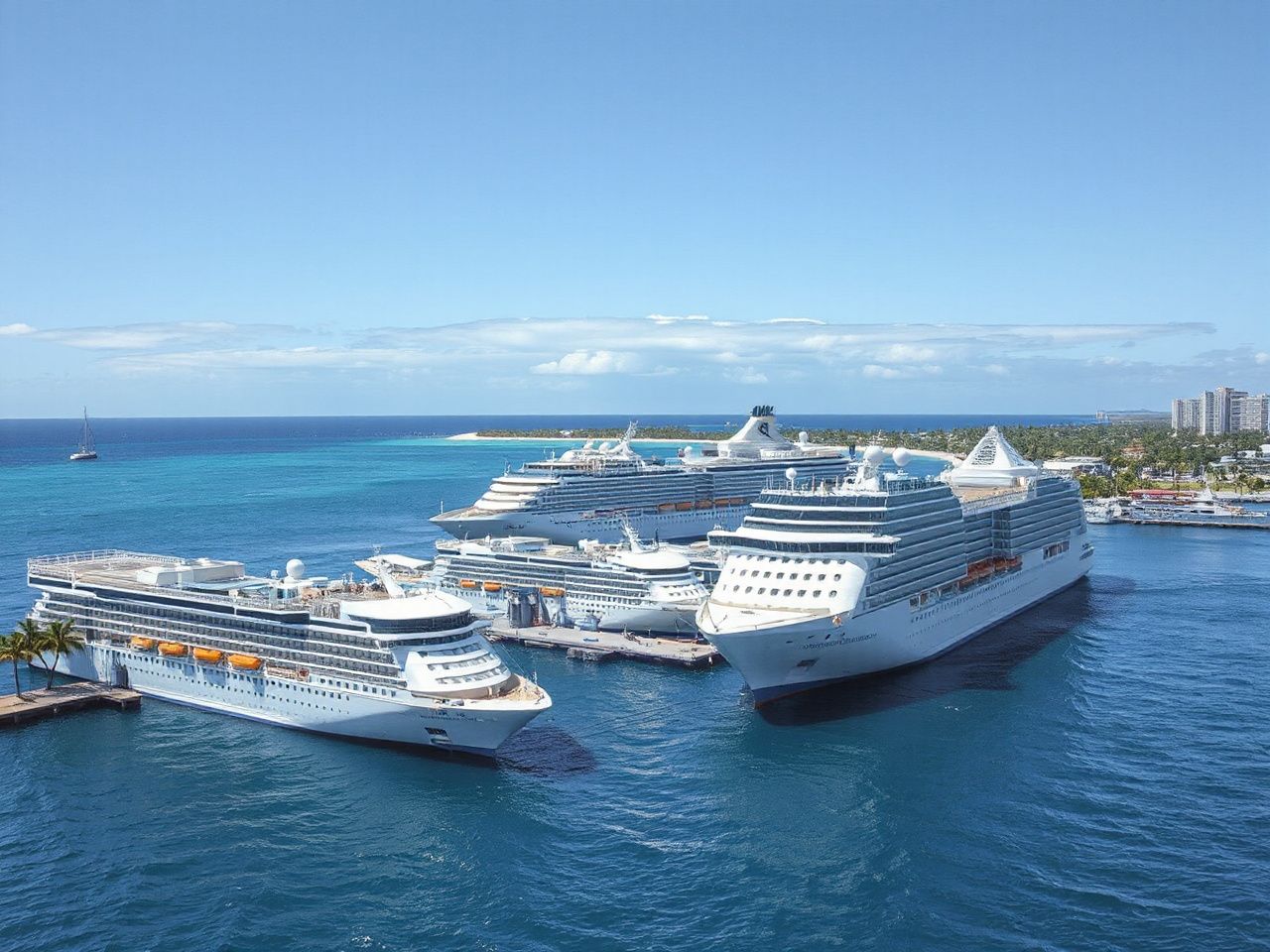 A bright sunny day at a bustling harbor with several cruise ships docked near a tropical shoreline