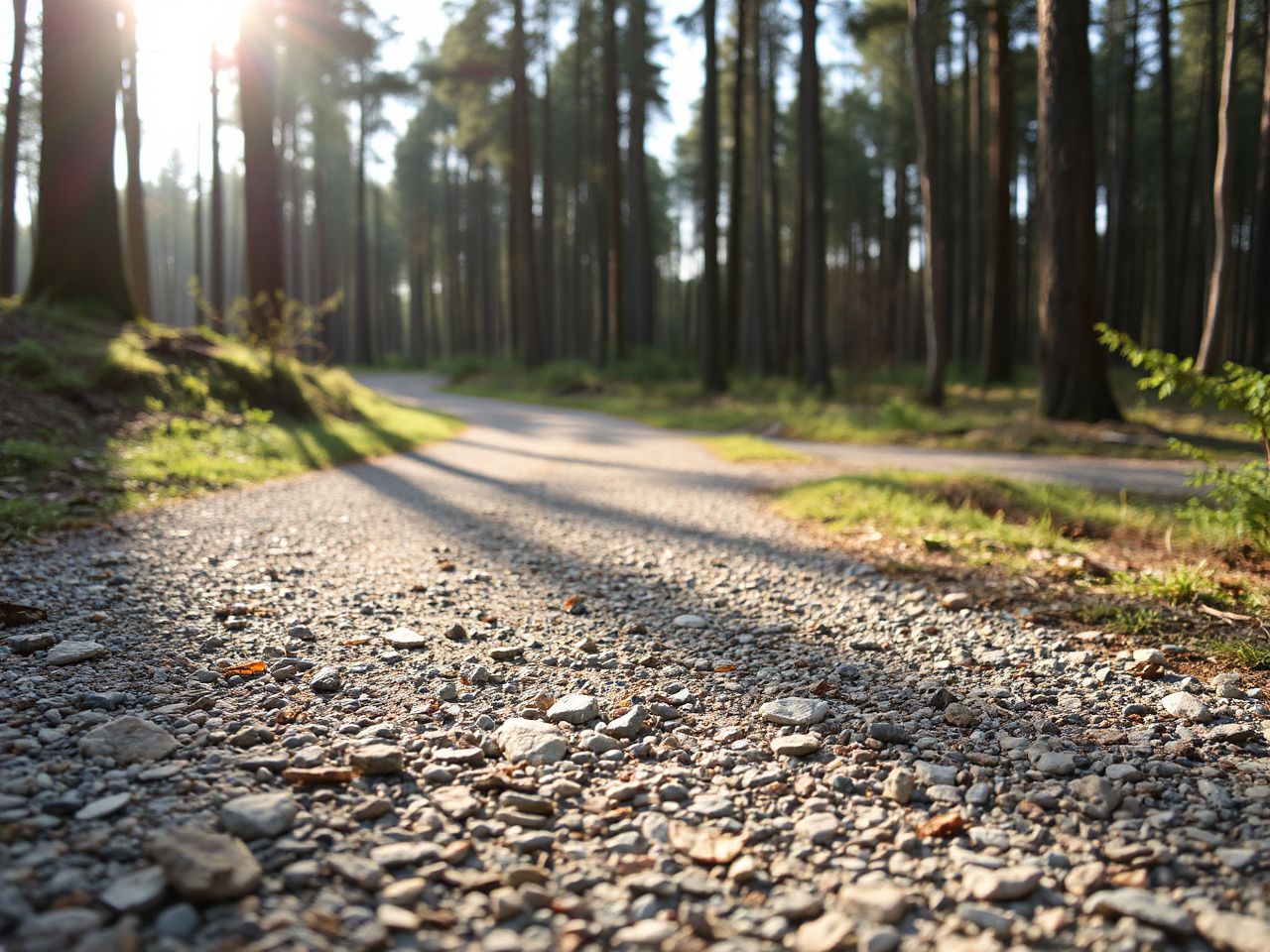 A close-up of a gravel trail winding through a sunlit forest, showcasing varied terrain textures
