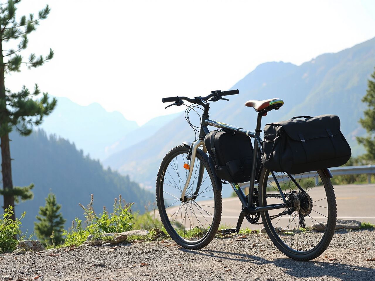 A touring bicycle with plain black panniers parked at a mountain road overlook