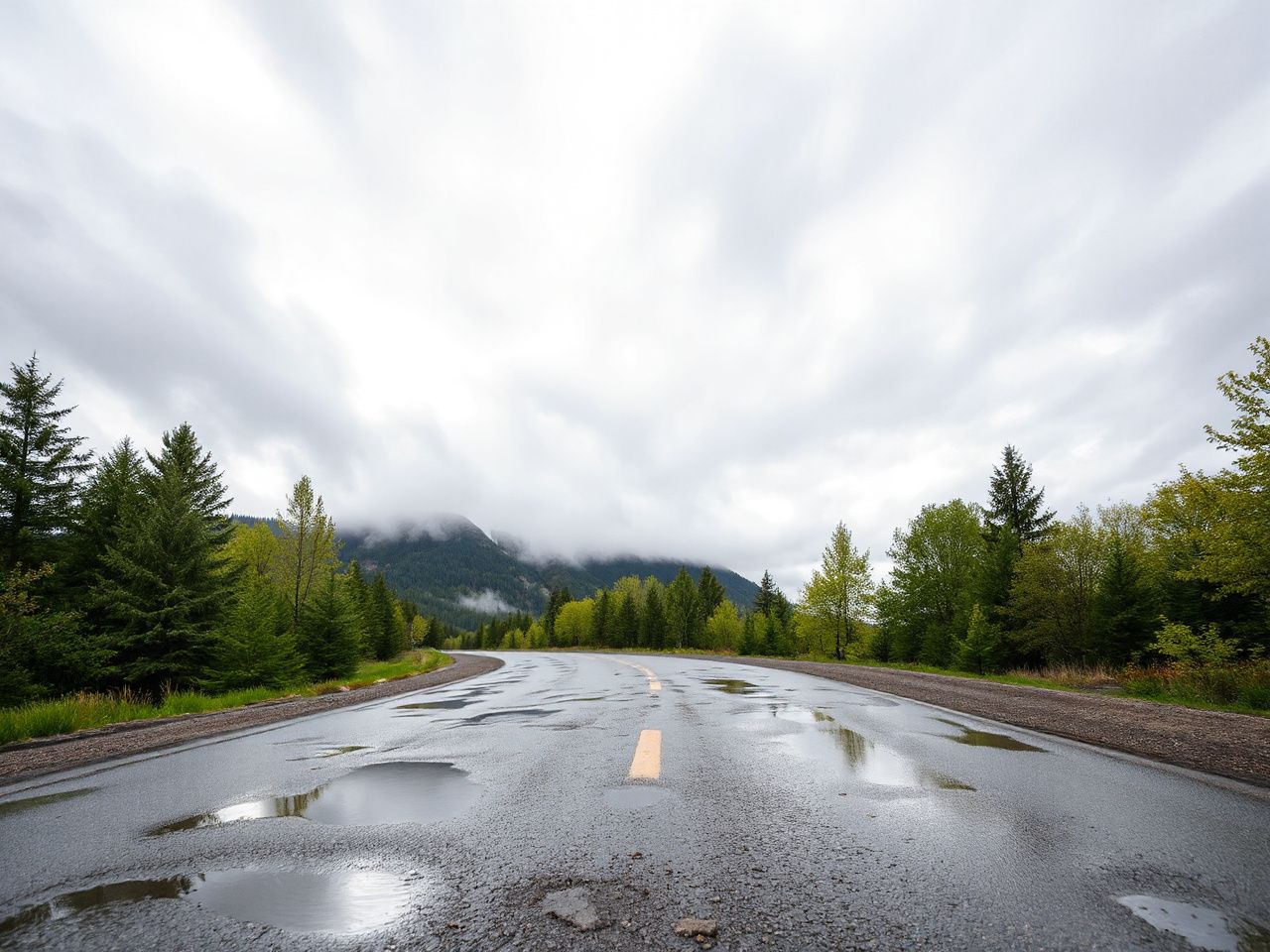 Overcast mountain road with scattered puddles reflecting a cloudy sky, surrounded by lush green trees
