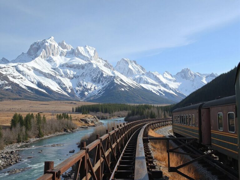 Snow-capped Rocky Mountains towering over a winding river viewed from a distant train crossing a wooden trestle bridge