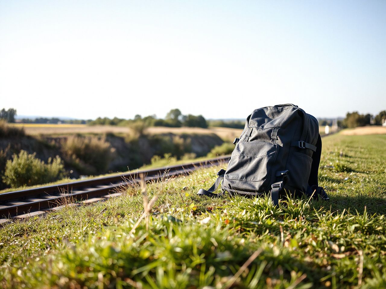 A neatly packed backpack resting on a grassy hill beside a railroad track under a bright, clear sky