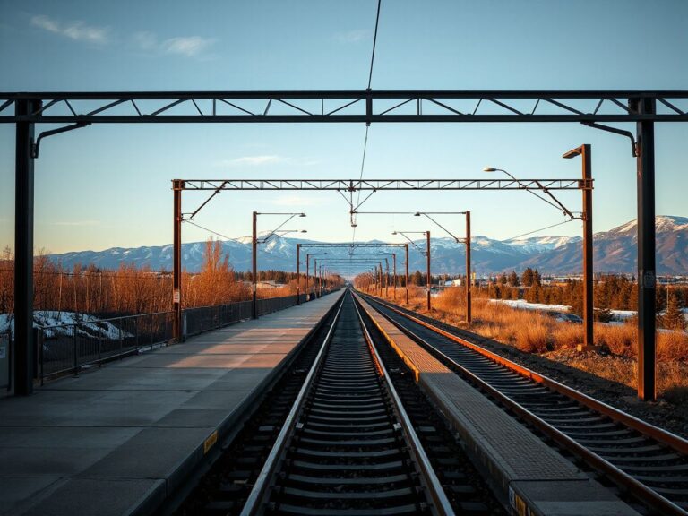 An empty commuter rail platform at sunrise with tracks leading toward distant snowy mountains