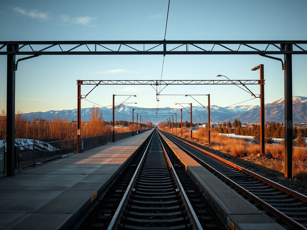 An empty commuter rail platform at sunrise with tracks leading toward distant snowy mountains