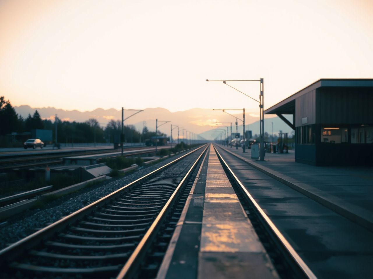 Early morning light illuminates a quiet train platform with tracks stretching toward distant mountains