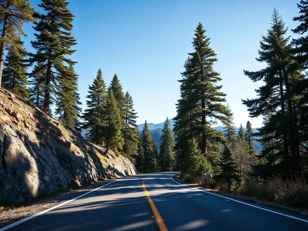 A rugged mountain road winding through tall pine trees under a clear blue sky, perfect for motorcycle adventures