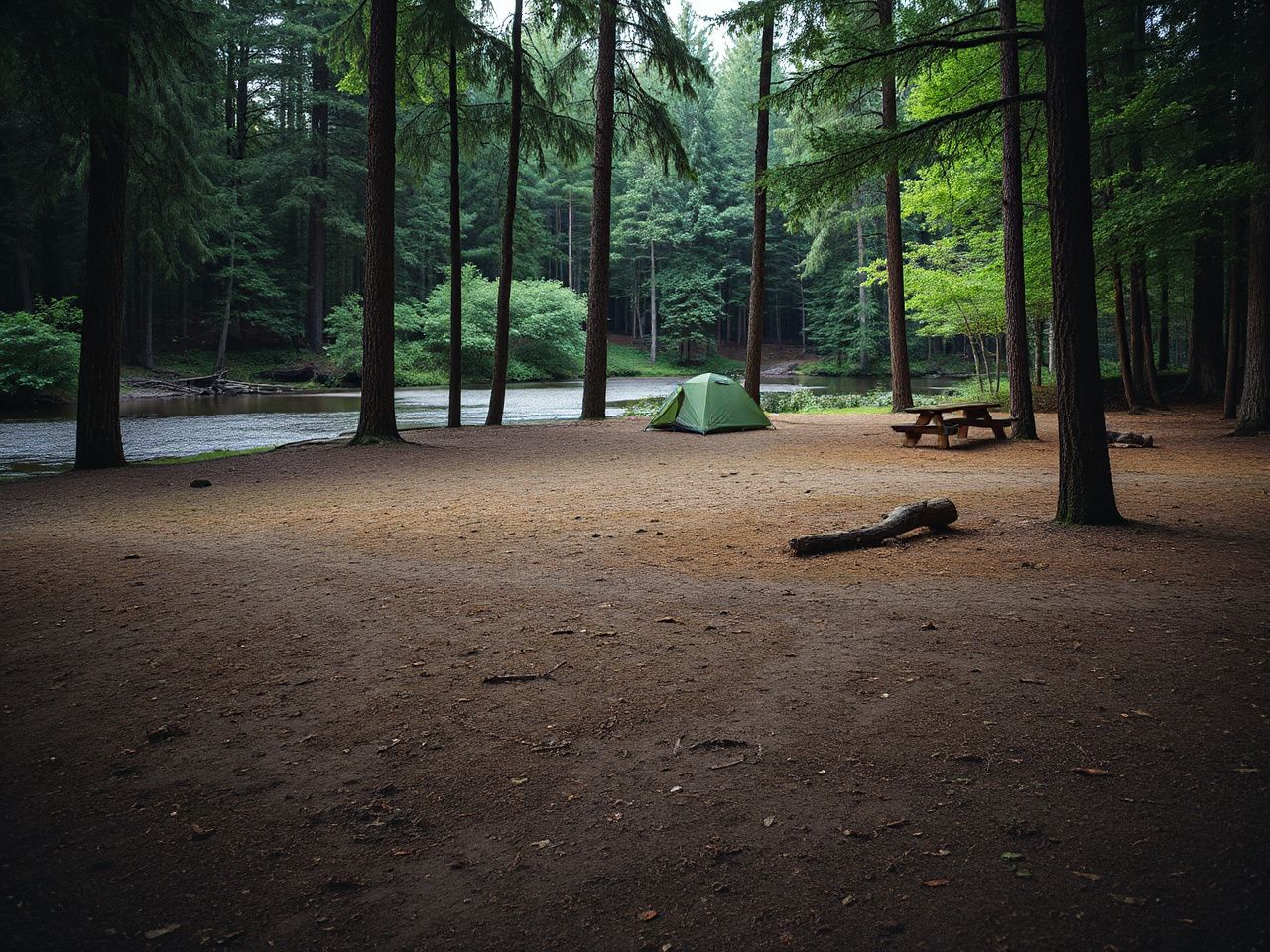 A secluded forest clearing with flat ground and nearby water, ideal for setting up a dispersed campsite