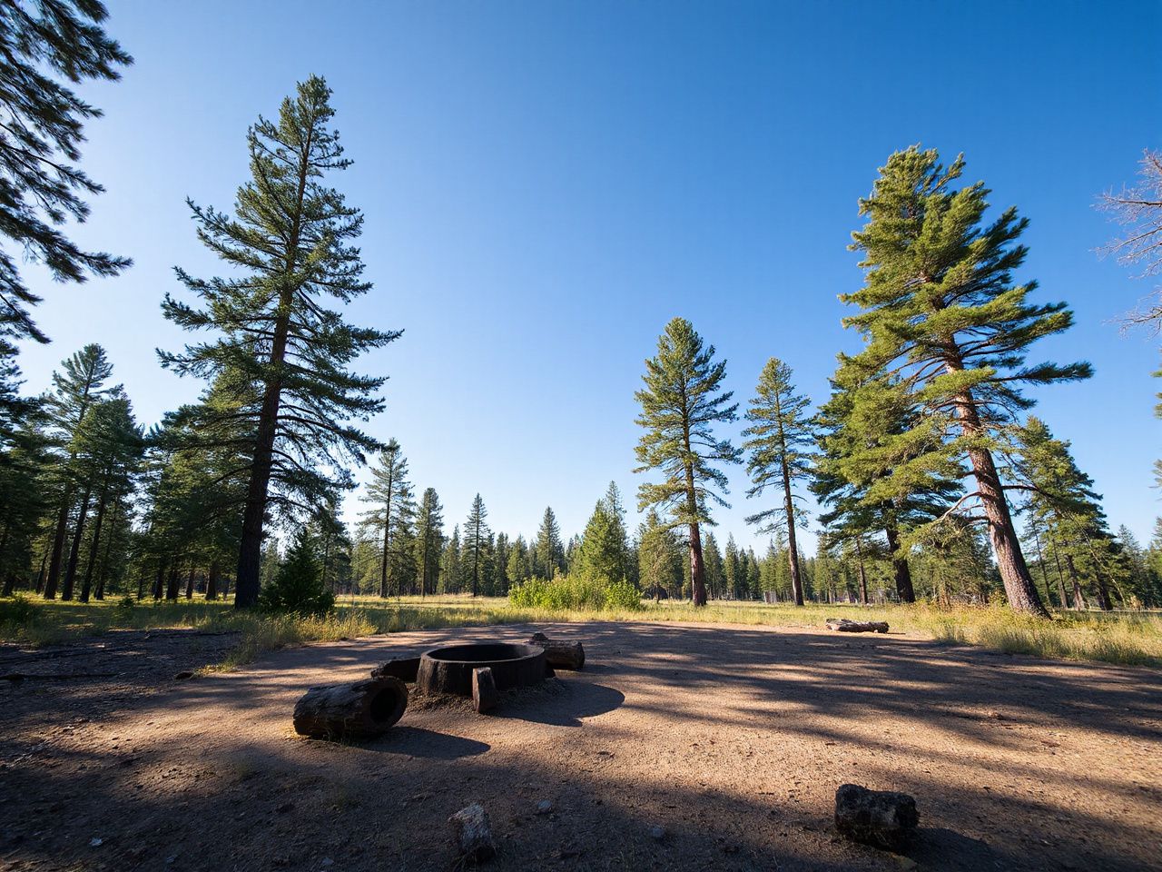 A quiet forest clearing with scattered pine trees and a small fire ring under a bright blue sky