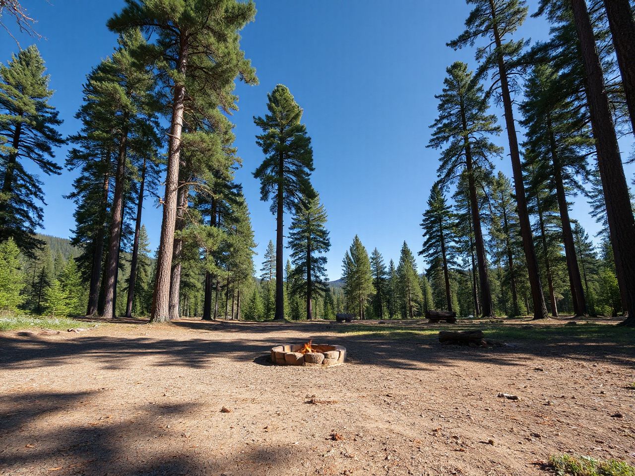 A quiet forest clearing with a small campfire ring surrounded by tall pine trees under blue sky