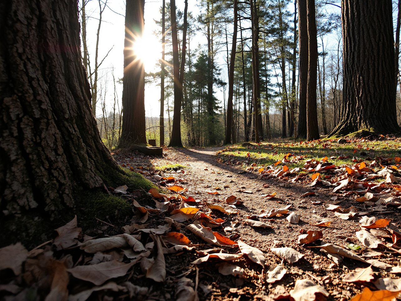Close-up of a sunlit forest trail revealing textured tree bark and layered fallen leaves on the ground