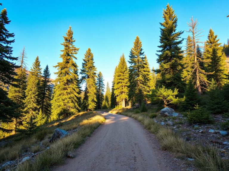 A sunlit mountain trail winding through tall pine trees under a clear blue sky, perfect for hiking shoes