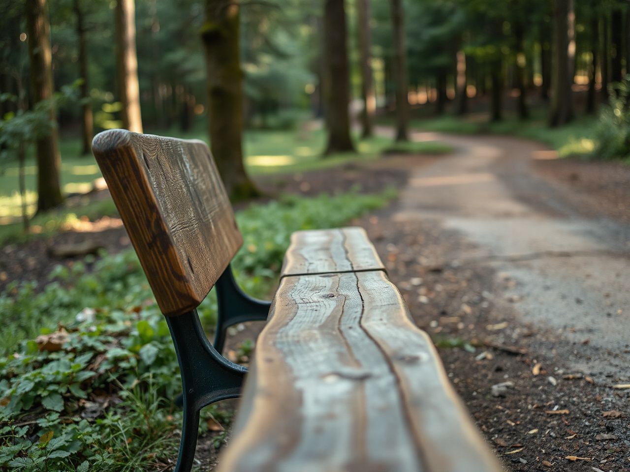 A close-up of a weathered wooden bench beside a forest path, ideal for resting after putting on shoes