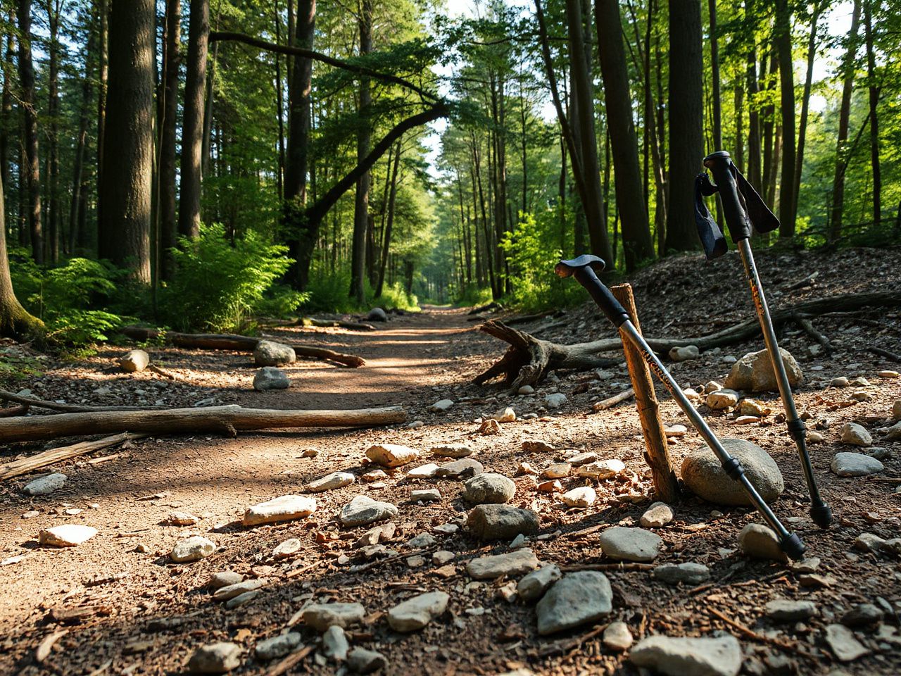 A sunlit forest trail with scattered wooden branches, smooth stones, and metal hiking poles leaning nearby