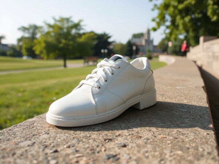 A pair of plain white leather dress sneakers on a stone step in a sunny park