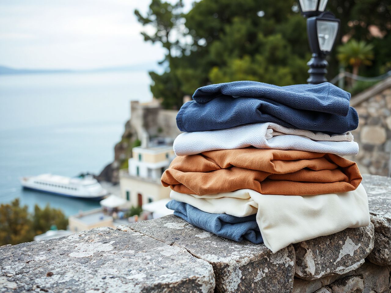 A neatly folded stack of plain travel clothes on a stone wall overlooking a Mediterranean coastal village