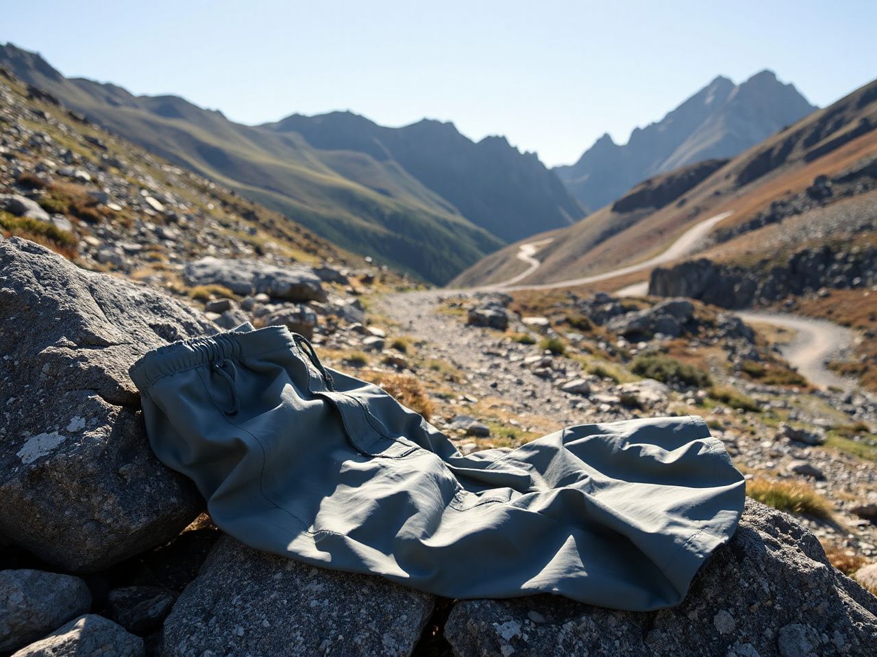 Lightweight hiking pants draped over a sunlit rock beside a winding mountain trail under clear skies