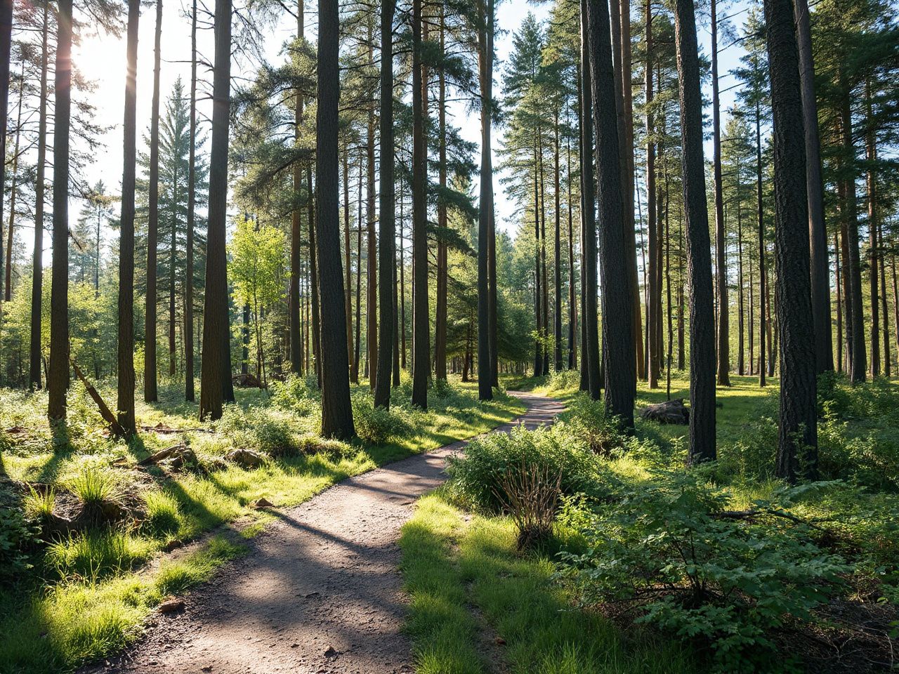 A sunlit forest trail winding through tall trees, illustrating natural foot swelling during outdoor hikes