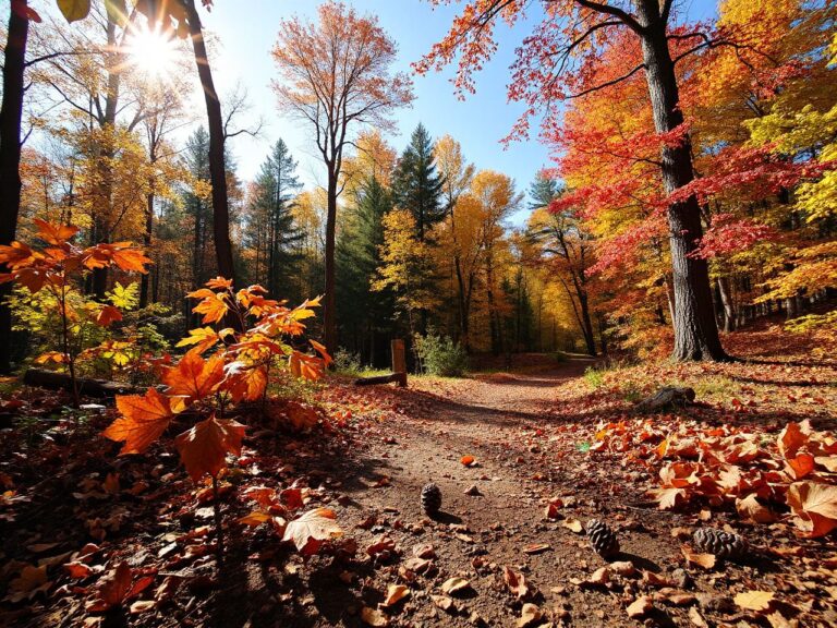 A sunlit forest trail lined with colorful autumn leaves and scattered pinecones under a clear sky