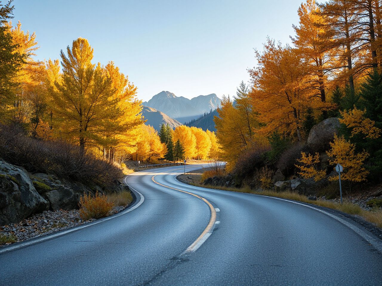 A winding mountain road bordered by golden-hued trees and distant peaks beneath soft daylight