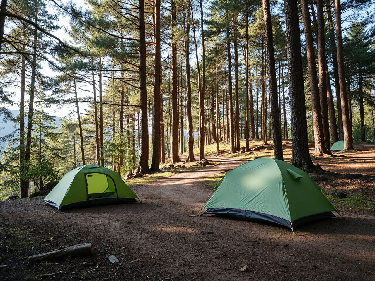 A peaceful forest campsite with tents pitched near a winding dirt trail under tall trees