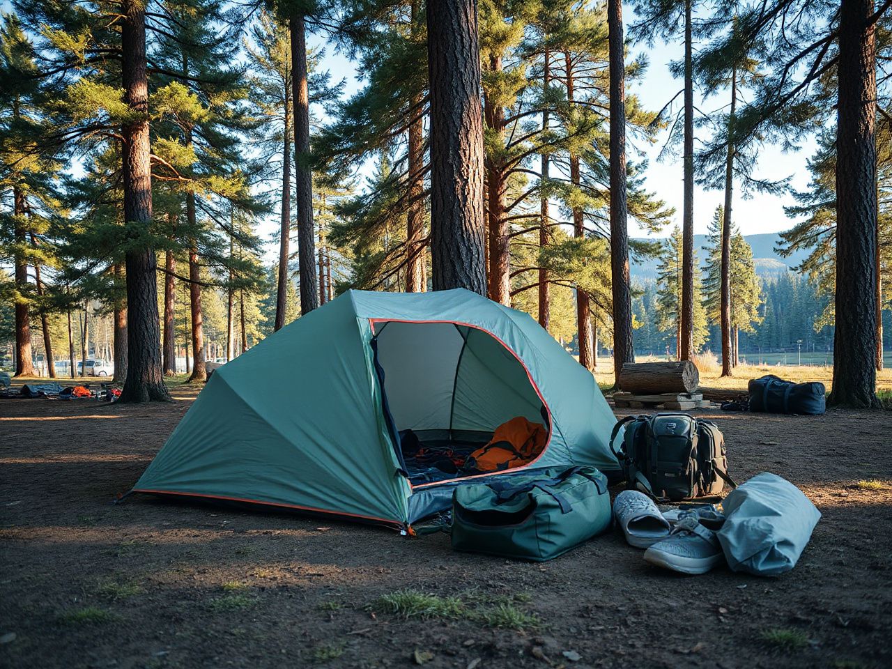 A neatly arranged campsite with a partially assembled tent and scattered flat pack gear under tall pine trees