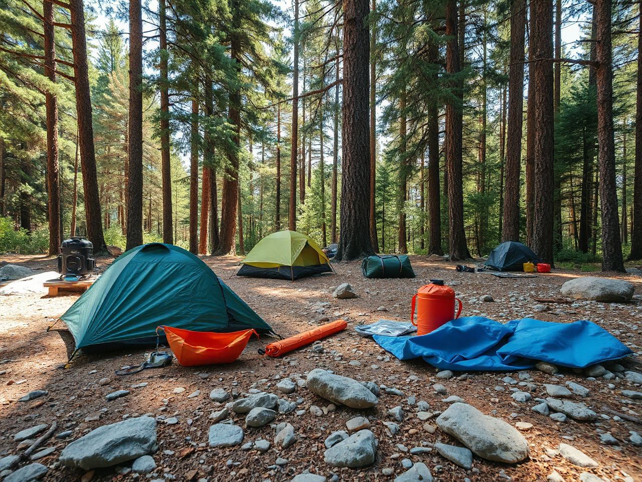 Lightweight camping gear spread out on a rocky forest floor beneath tall pine trees in bright daylight