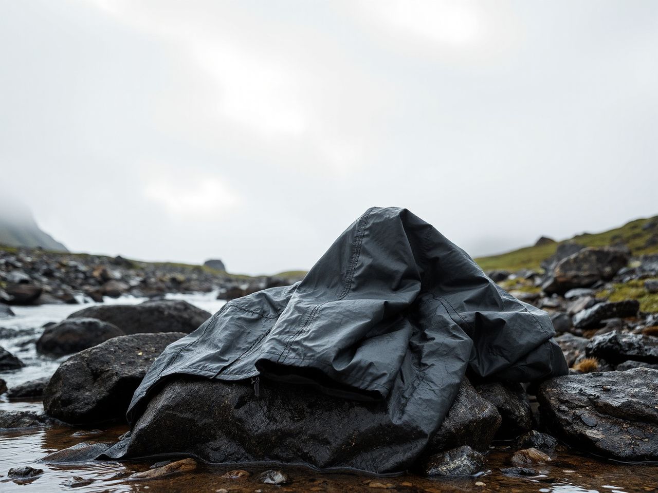 A waterproof rain jacket draped over a wet boulder beside a misty mountain stream under cloudy skies