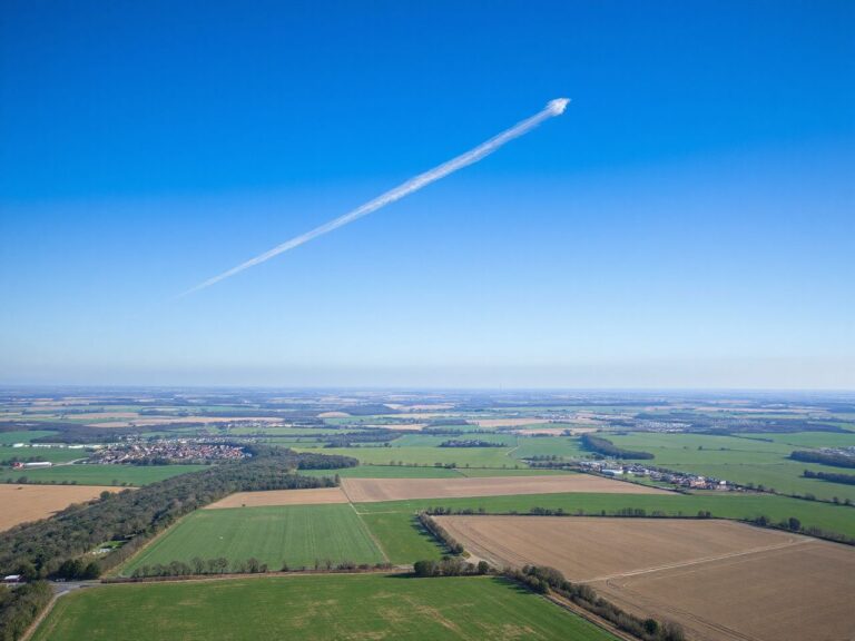 A single white vapour trail high in a clear blue sky above green farmland