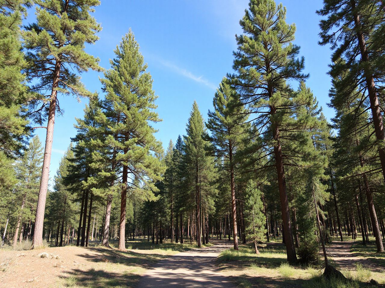 A dense pine forest with a narrow dirt trail winding through tall trees under a clear blue sky