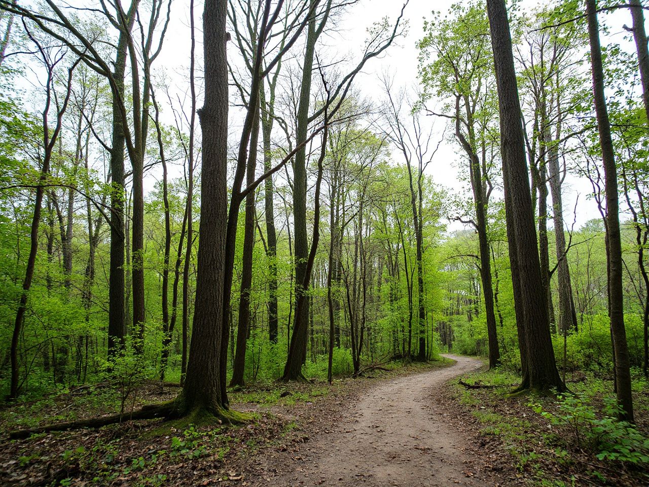 A serene forest trail winding through dense trees in a Maryland Wildlife Management Area under bright daylight